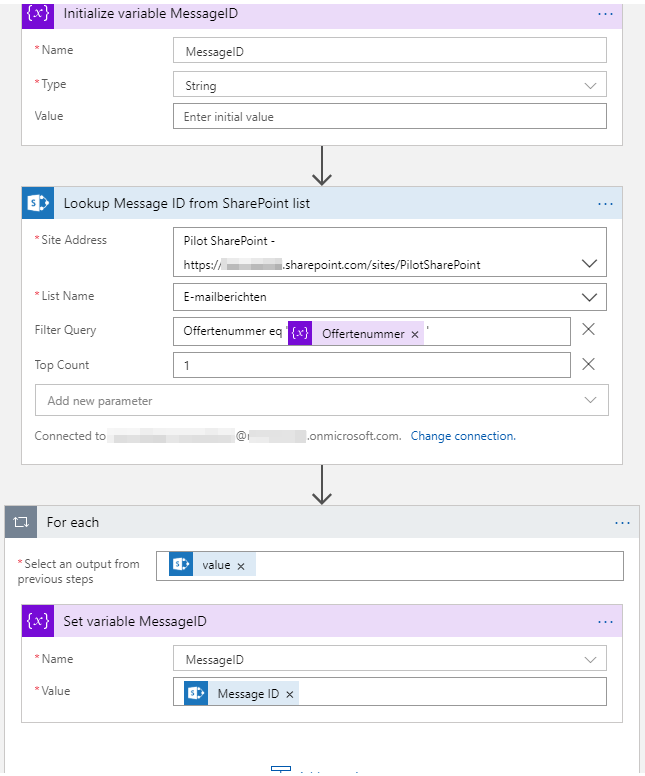 I tell flow to get SharePoint items, filter based on the invoice number, and retrieve the Message ID.