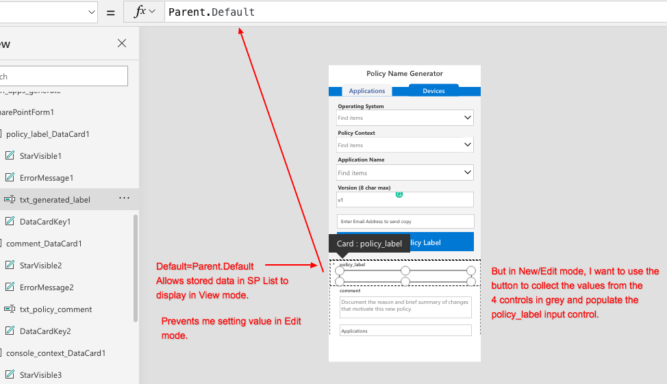 if Default=Parent.Default, can't set value, if Default=variable, can't use in View/Edit Mode.